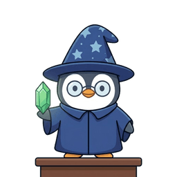 Klausi, der Zauberer-Pinguin mit Sternenhut und grünem Kristall